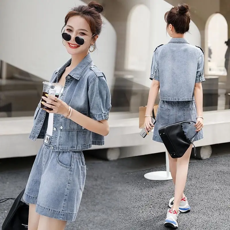 Denim Short Jacket Female Short-Sleeved Harem Cropped Trousers 2023 Summer New Korean Fashion Loose Thin Two-Piece Suit Commute