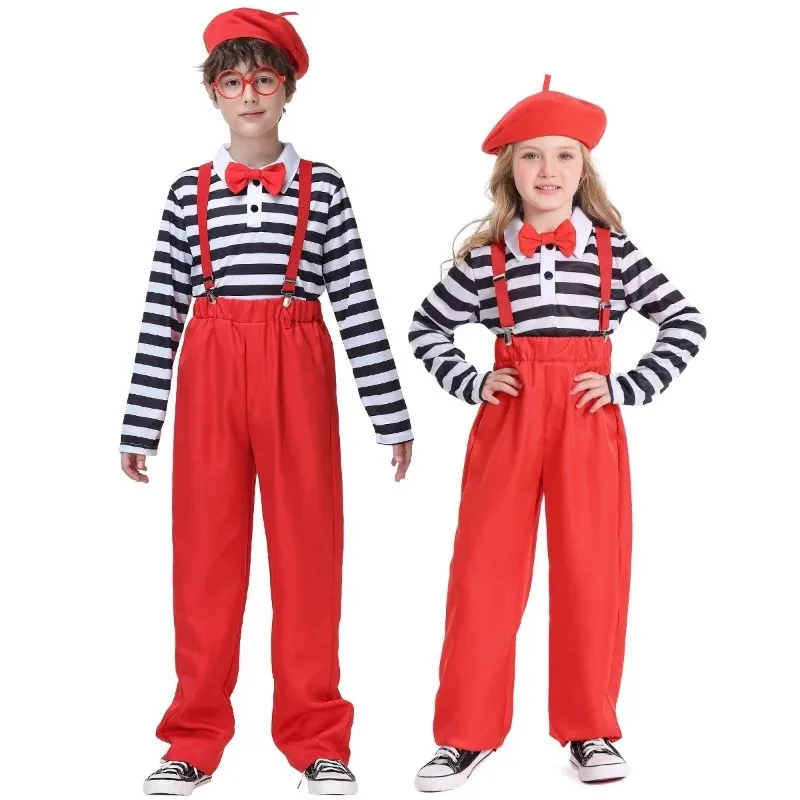 Disfraz Infantil de "¿Dónde está Waldo?" con Rayas para Niños y Niñas, Traje de Cosplay de Personaje de Libro con Boina y Corbata de Moño