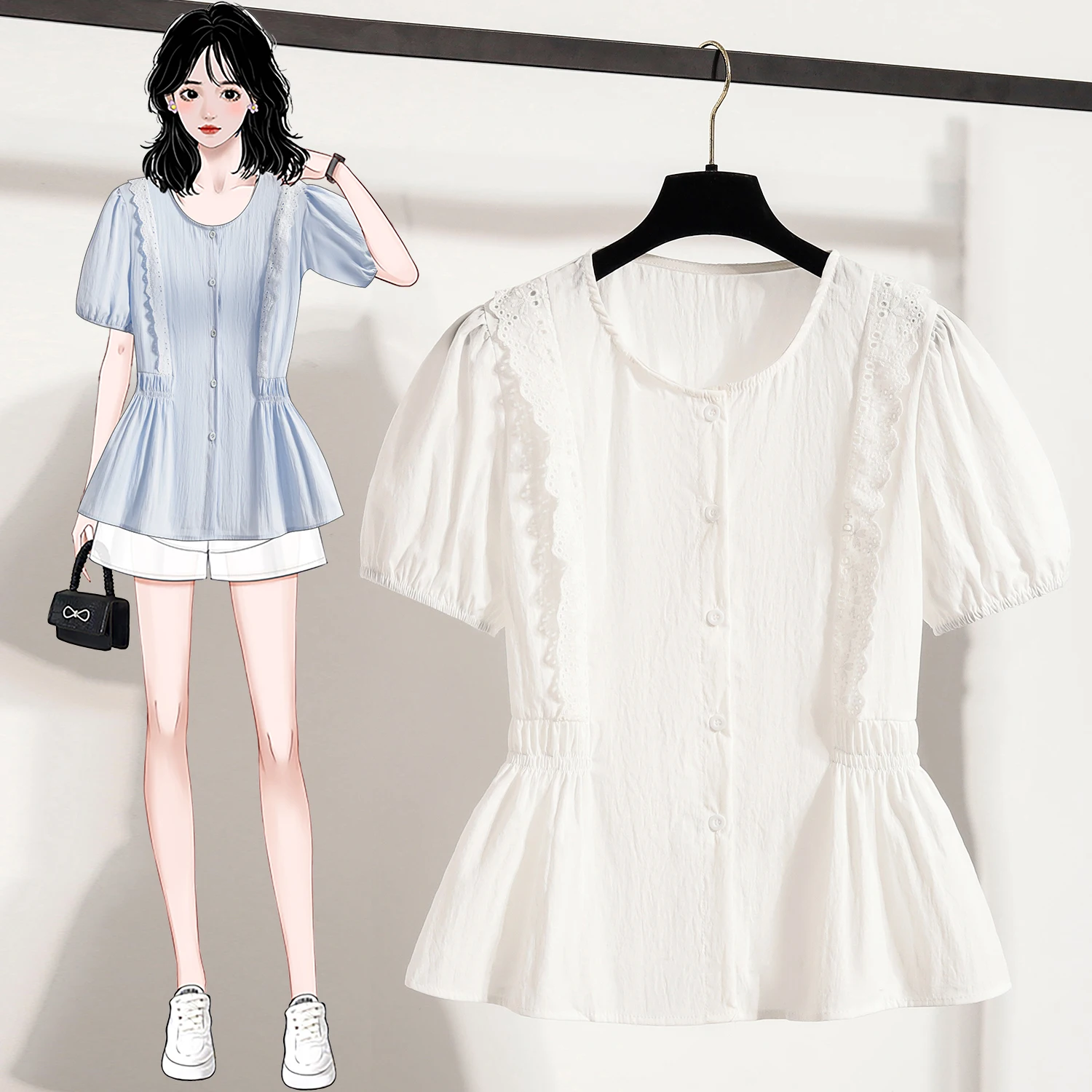 Blus dan Kemeja Renda Ukuran Besar Blus Musim Panas Wanita Wanita 2025 Keluaran Baru Blus Wanita Kasual Kerah Leher O Lengan Pendek