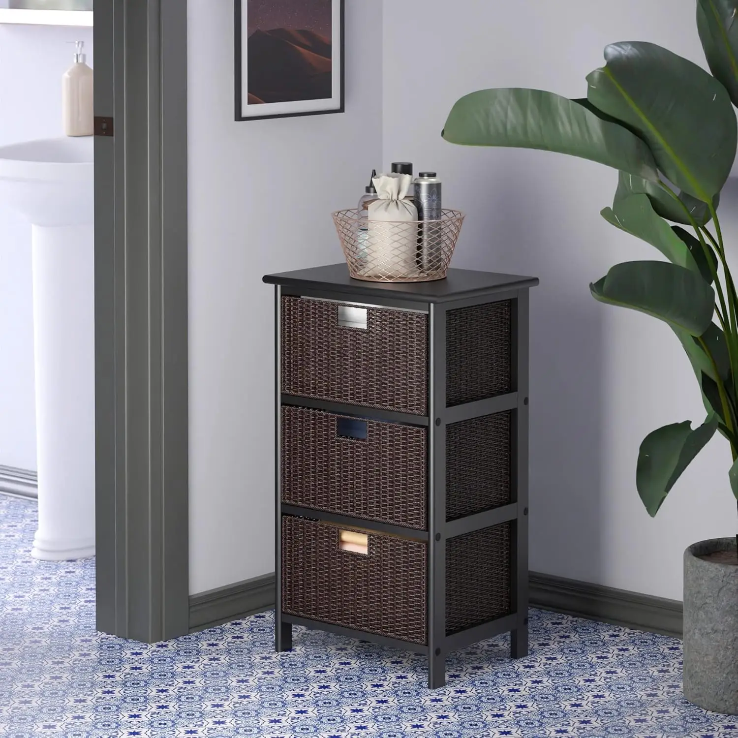 Space-Saving Black Storage Rack with 3 Baskets, Organize Home or Office Efficiently