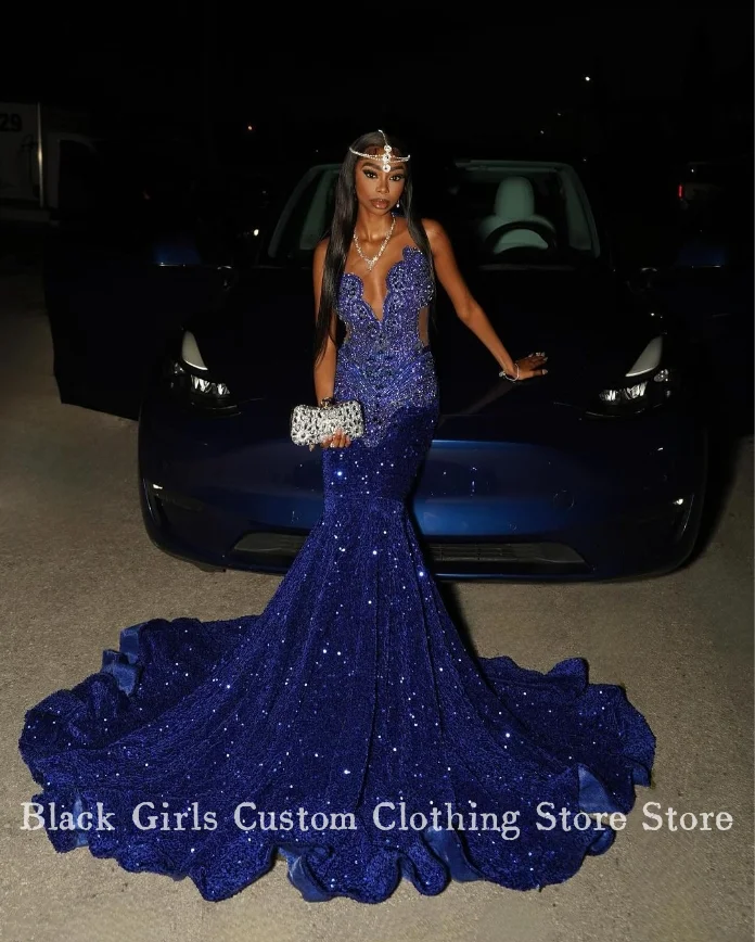 Luxury Treasure Blue Diamante Prom Dress 2024 Sparkling Beaded Set Sequins Black Girls Celebrity Dresses فساتين سهرات