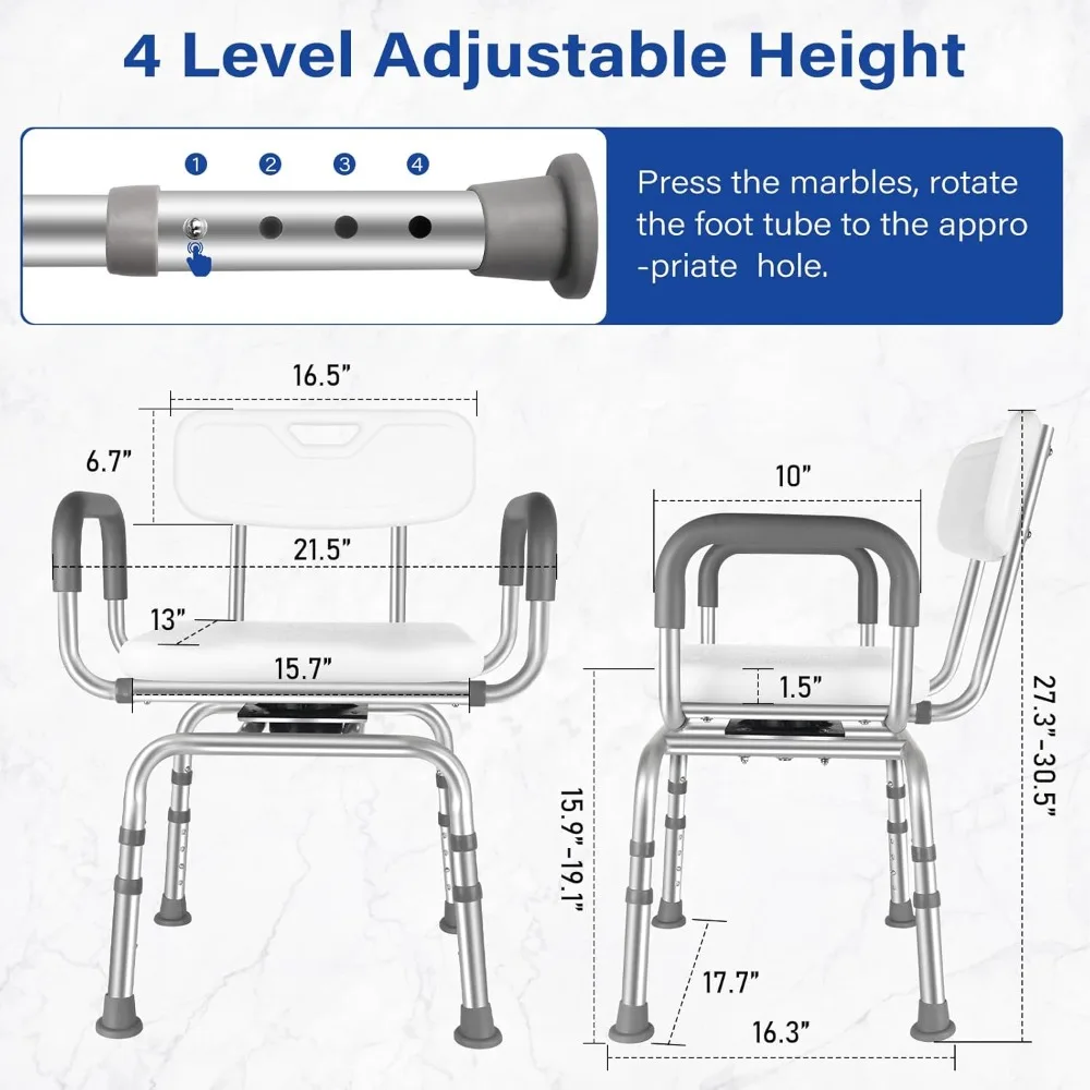 Swivel Shower Chair,Shower Chair with Arms and Back,Height Adjustable 360 Degree Shower Chair Swivel for Elderly and Disabled