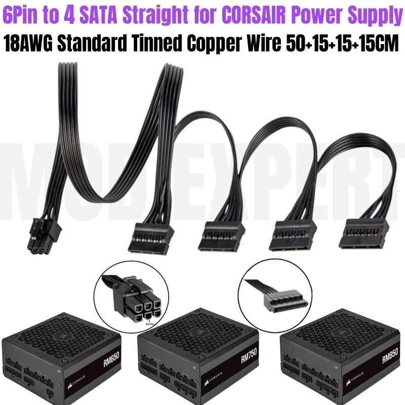 

Original 6Pin to 4 SATA Straight HDD SSD Power Cable for CORSAIR RM450 RM550 RM650 RM750 RM850 RM1000 Platinum Modular PSU 18AWG