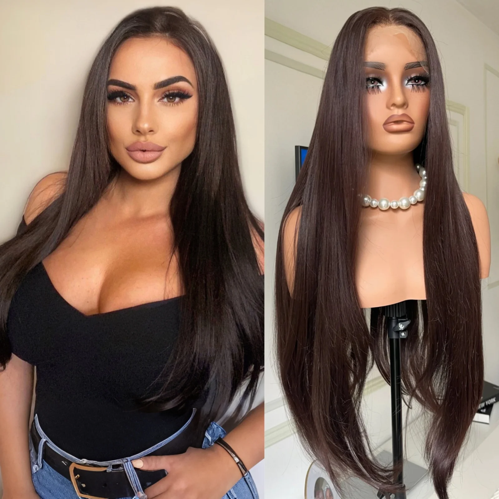 Chocoladebruin Lang Golvend Natuurlijke Golf Synthetische Lace Front Pruiken voor Vrouwen Middelste Deel Pre Geplukt Haarlijn Brunette 13X4 Pruiken