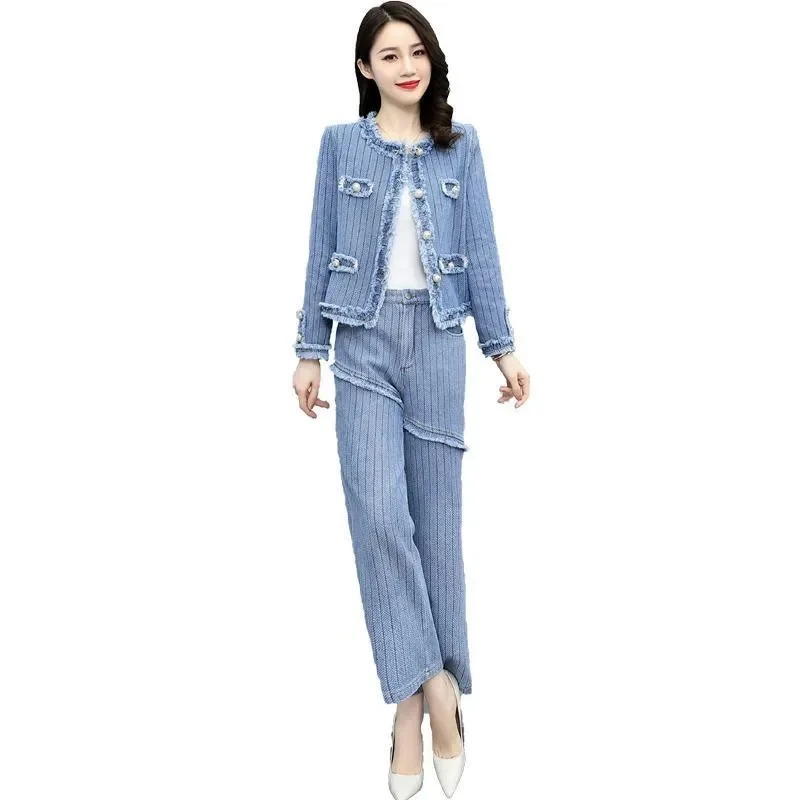 

2023New Retro V-Neck Denim Jacket Wide-Leg Pants Suit Women's Spring Autumn Long-Sleeved Jacket Two-Piece Suit Female Sets Jeans