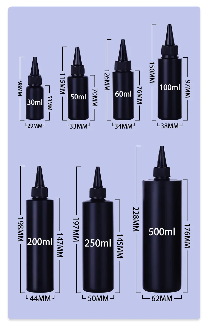 Cilindro preto/natural HDPE redondo 30ml/100/200/250ml/500ml garrafa macia de plástico, com torção, tampa superior de boca pontiaguda para cola UV