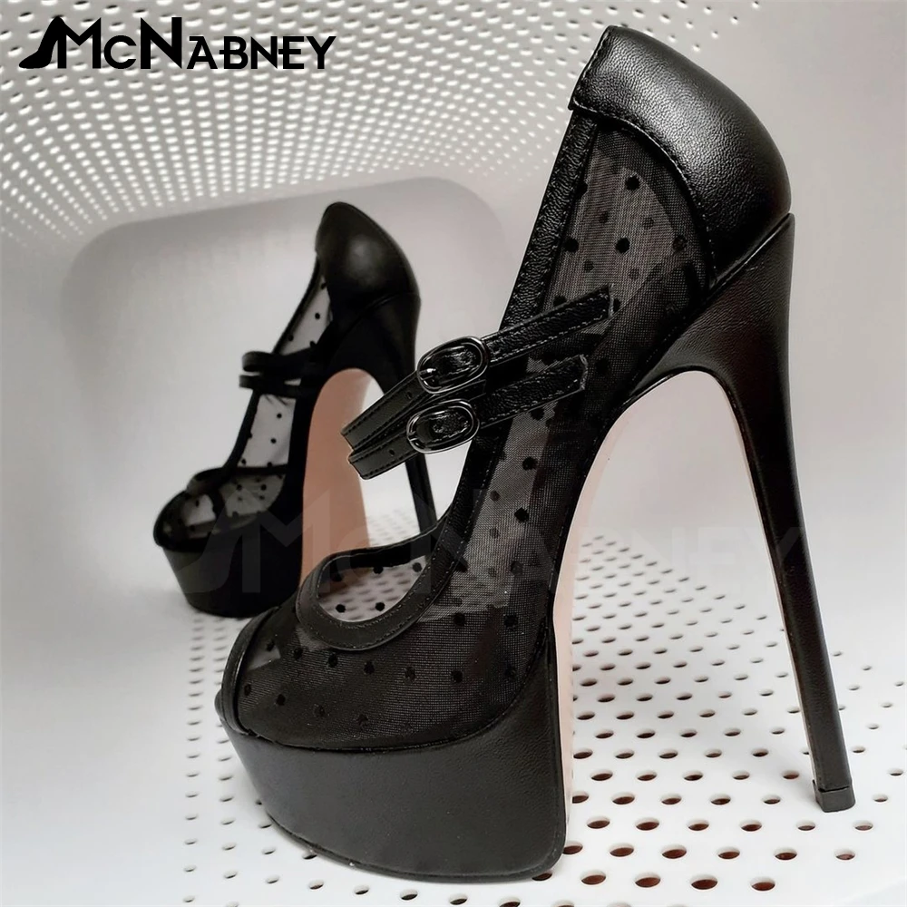 

Black Mesh Peep Toe Pumps Double Buckle Straps High Heeled Women Shoes Platform Sexy Stilettos Polka Dot Mesh High Heels New In