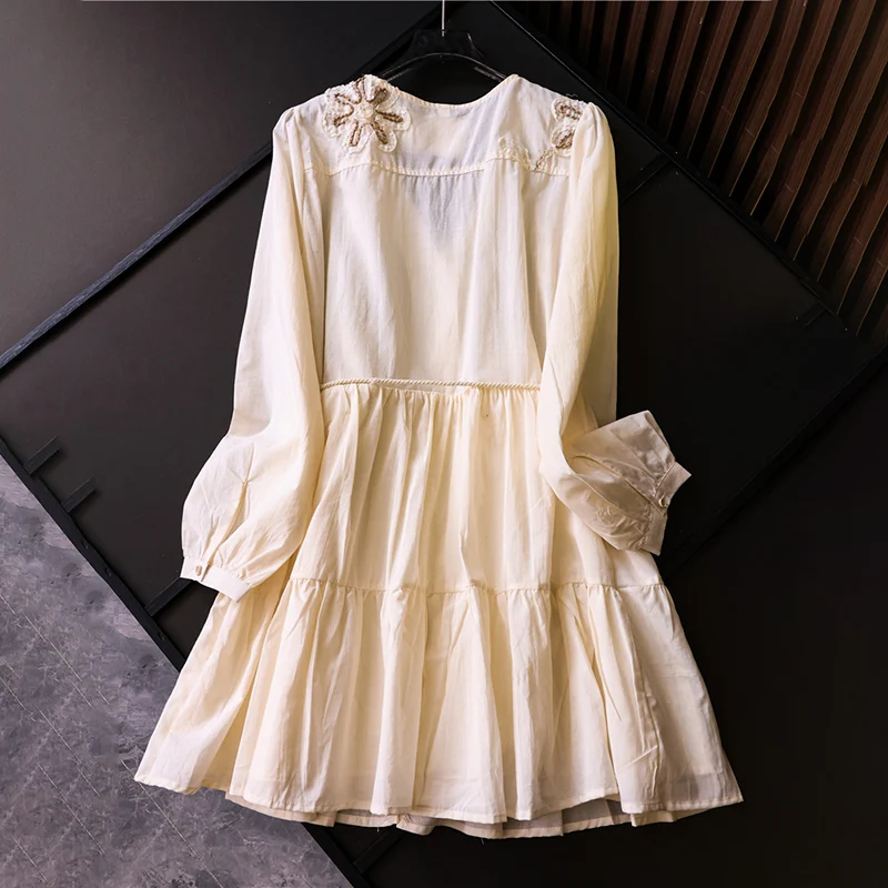 Flower Embroidery V-neck Short Dress Women Autumn Prairie Chic Long Sleeve Lace-up Loose Mini Dresses Female Elegant Party Dress
