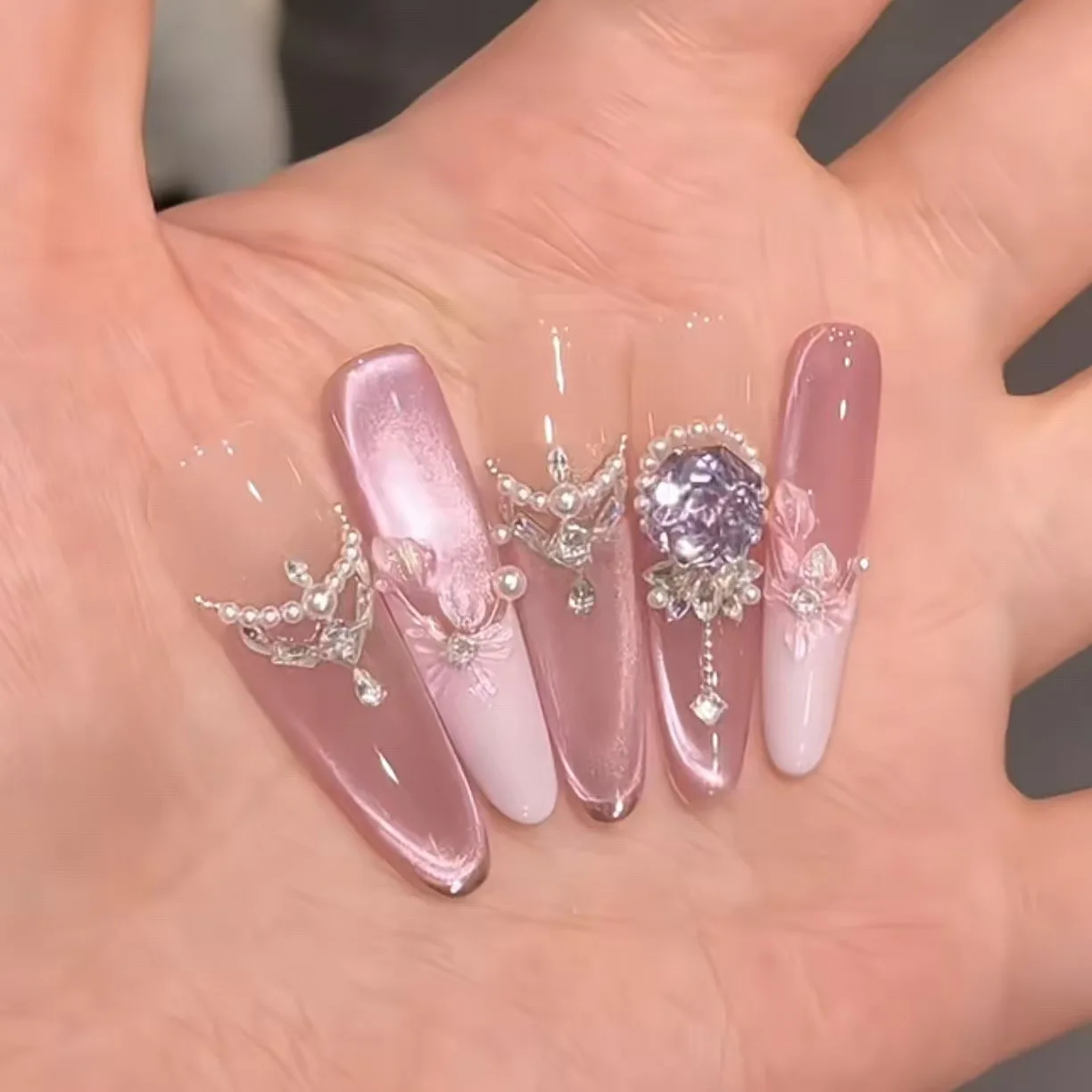 

10 шт. Роскошные длинные французские ногти ручной работы, розовые, фиолетовые, кошачий глаз, градиент, жемчуг, бриллиант, дизайн, накладные ногти, носимые накладные ногти