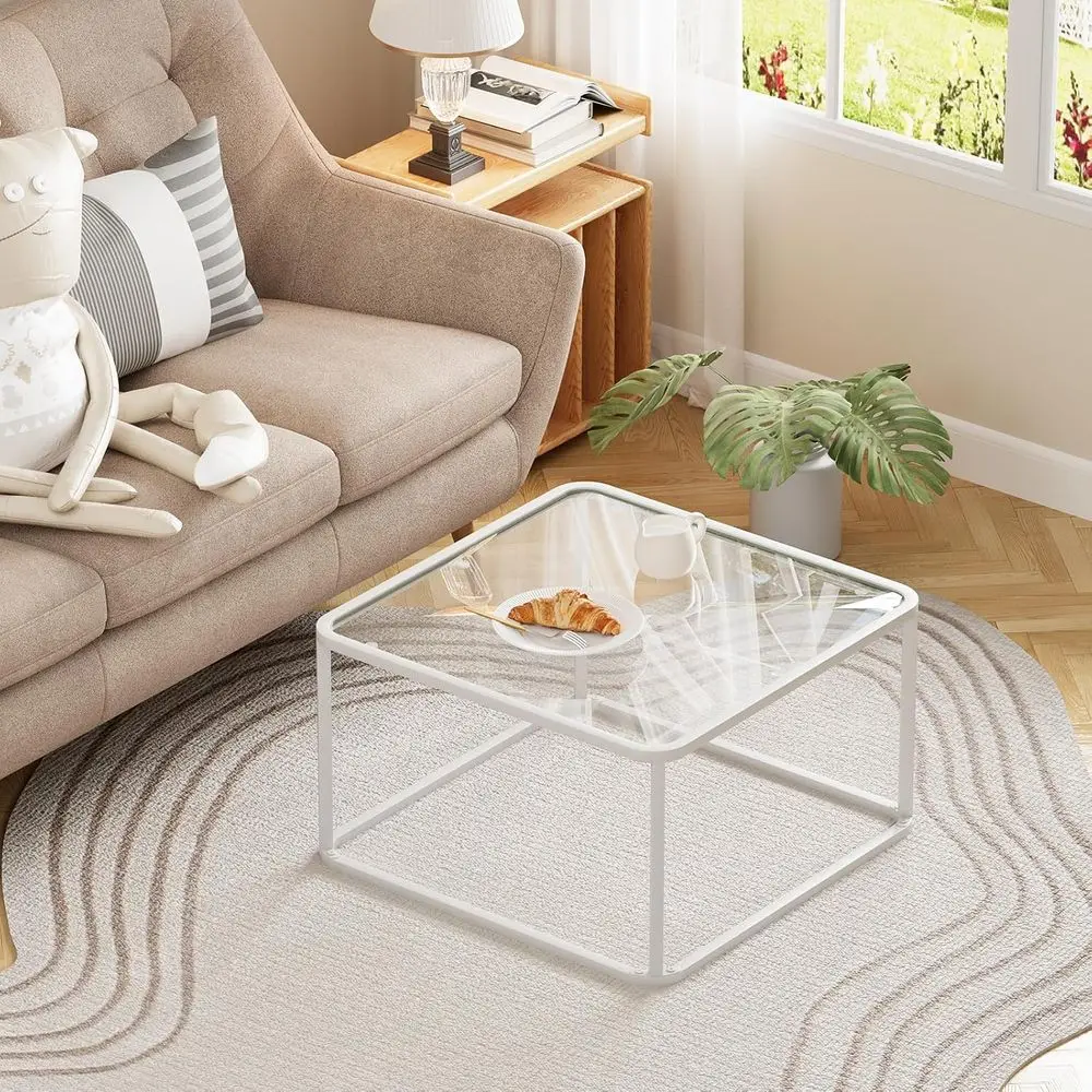โต๊ะกาแฟกระจกสีขาวทันสมัย ดีไซน์สี่เหลี่ยมเรียบง่ายสำหรับห้องนั่งเล่นและสำนักงาน ขนาดกะทัดรัดพร้อมโครงโลหะ ใช้งานง่าย
