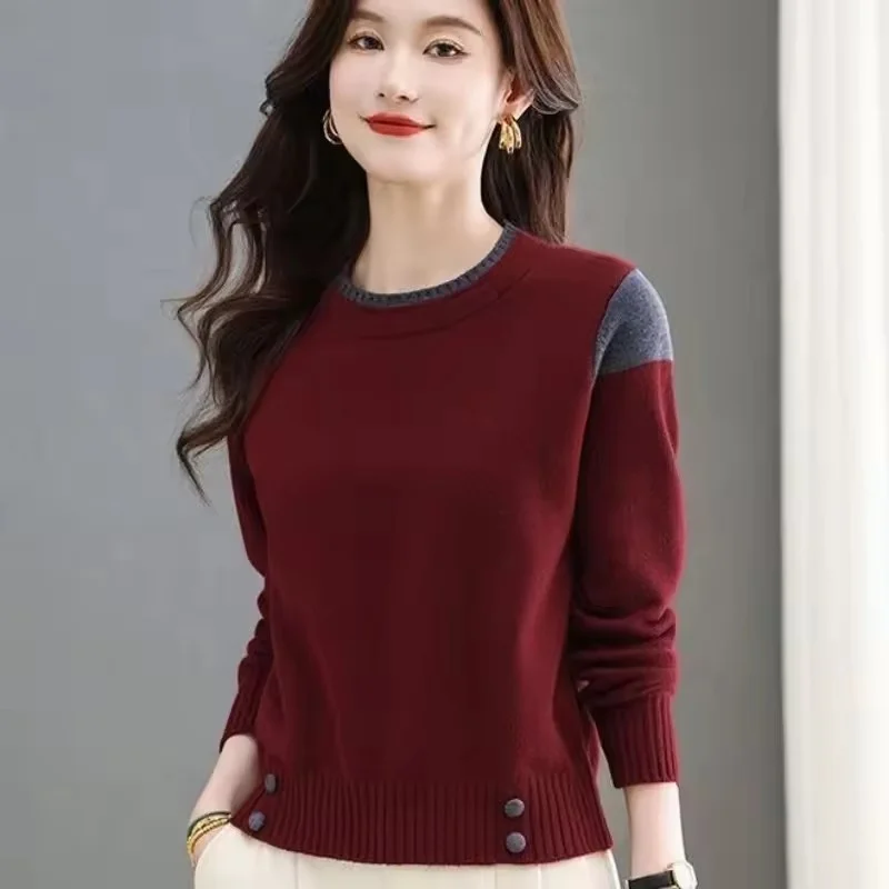 

Women's Fashion Sweater Autumn and Winter New Color Block Versatile Round Neck Long Sleeve Pullover Elegant Versatile Knitted