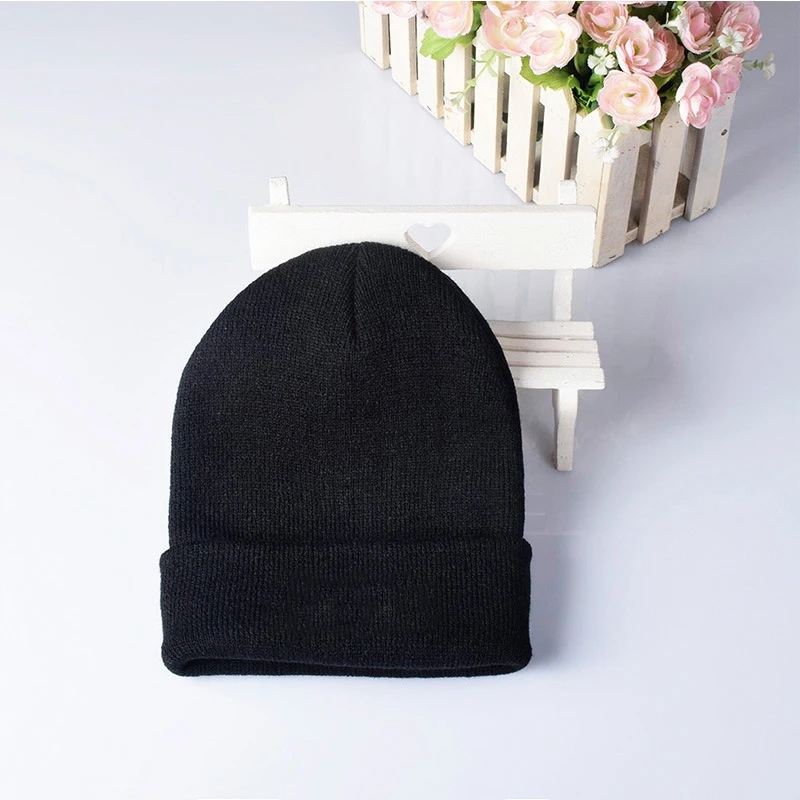 Solid Black Beanie Customizable Warm Comfortable Soft Stretchy Knit Cap for Fall Winter Personalization dropshipping‌ Wholesale