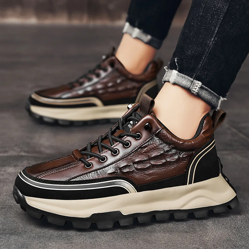 Men's Soft Leather Shoes Thick Sole Male Adult Drawstring Lace-up Gym Sneakers Men Retro Casual British Style Non Slip Footwear image 6