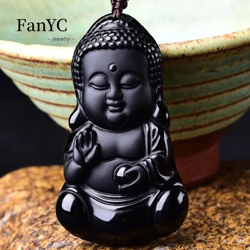 Naturalny obsydian Guanyin Budda Brave Pendant Ręcznie rzeźbiony wykwintny luksusowy pomyślny naszyjnik Prezent świąteczny dla mężczyzn i kobiet