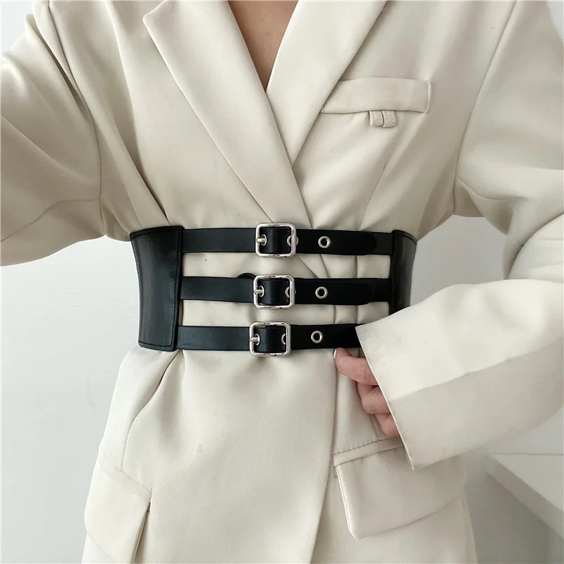 Y Demo Gothic Metal Buckles PU Leather Women\'s Cummerbund Waist Cover Punk Straps Elastic Wide Belt