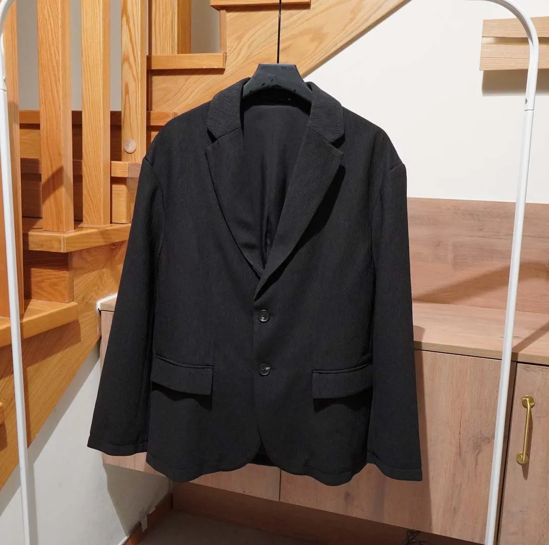 

European and American Men's Fashion Embossed Pleated Black Textured Suit Loose Jacket Wide Suit