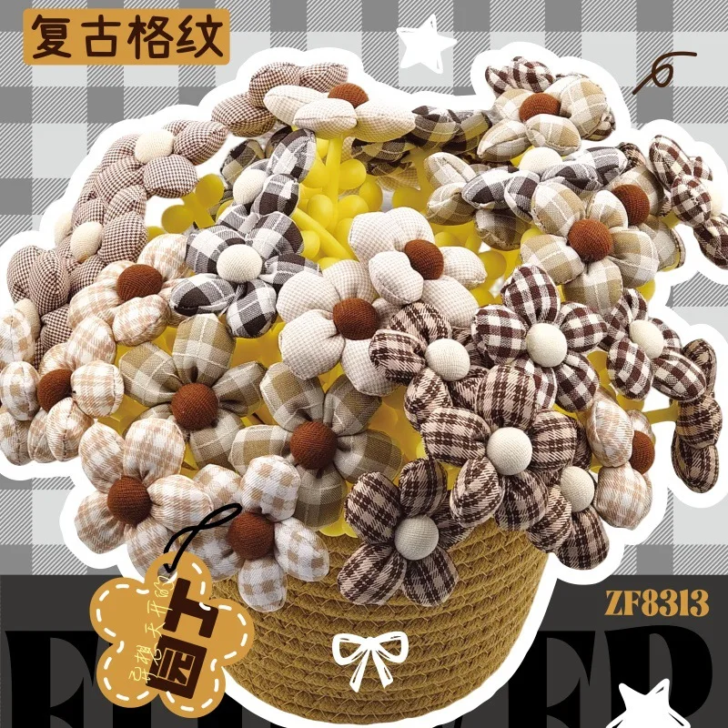 10本セット、レトロな茶色のチェック柄生地を使用した、ニュートラルカラーの花柄ボールペン。英国風のデザインで、立体的なひまわりのモチーフが特徴。