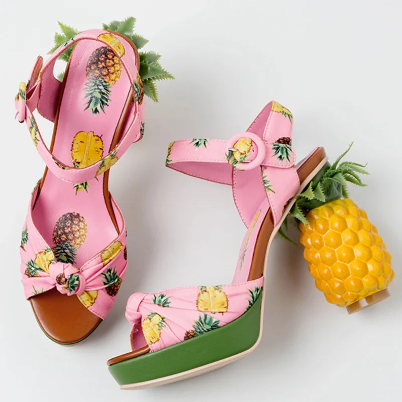 

Pineapple Heels Pink Black Printing Sandals silk Knotted Peep Toe Woman Fruit Strange Heels Ankle Strap Lolita Party Pumps