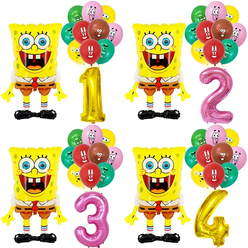 12pcs Cartoon Big SpongeBob SquarePants Foil Latex Balloons children‘s Birthday Wedding Party Baby Shower decorative items set