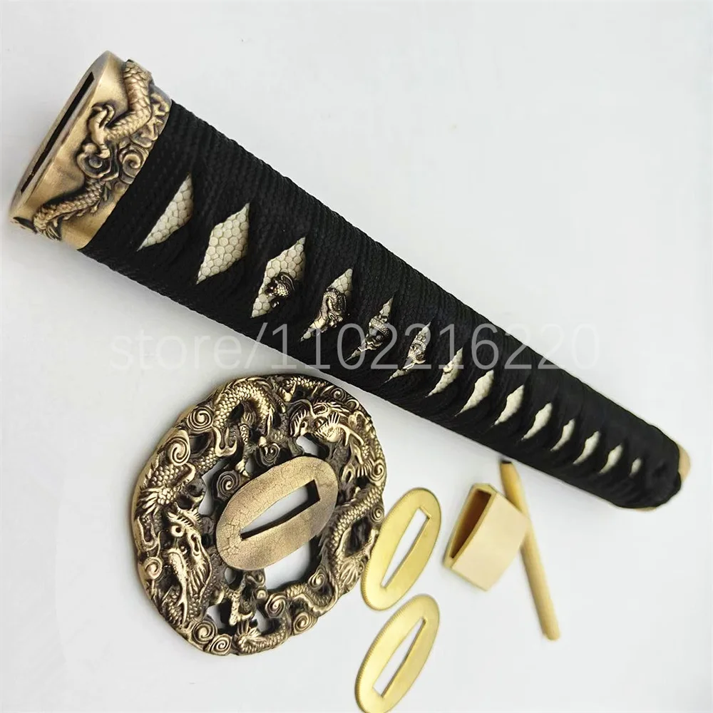 A Set Dragon Handle Real Rayskin Tsuka Copper Brass Handguard Tsuba Habaki Seppa For Japanese Samurai Katana Sword Fittings
