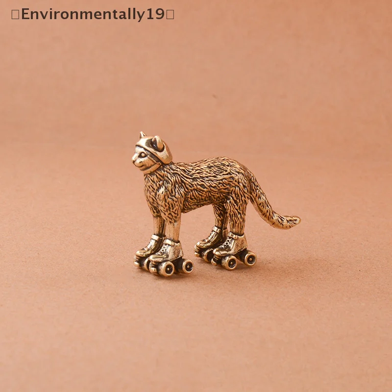 Brass Distressed Ski Cat Figurine Miniature Tea Pet Craft Desktop Small Ornament Animal Home Decor Accessories Children Gift