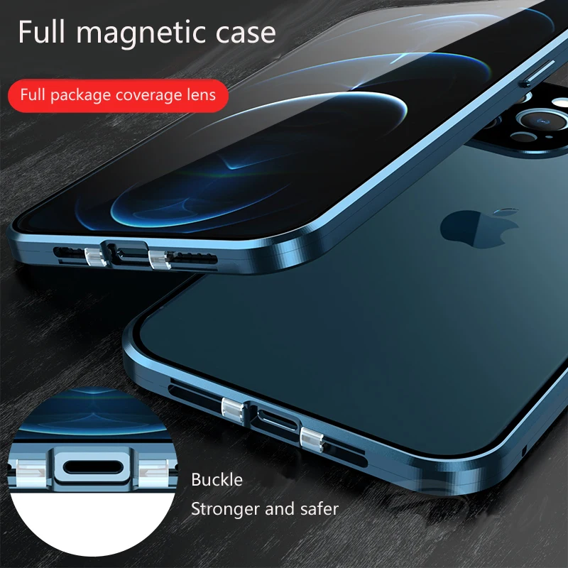 

Double Sided Glass Magnetic Adsorption Metal Snap Lock Case For iPhone 14 plus 15 11 Pro Max 13 12 Mini Lens Protection Cover