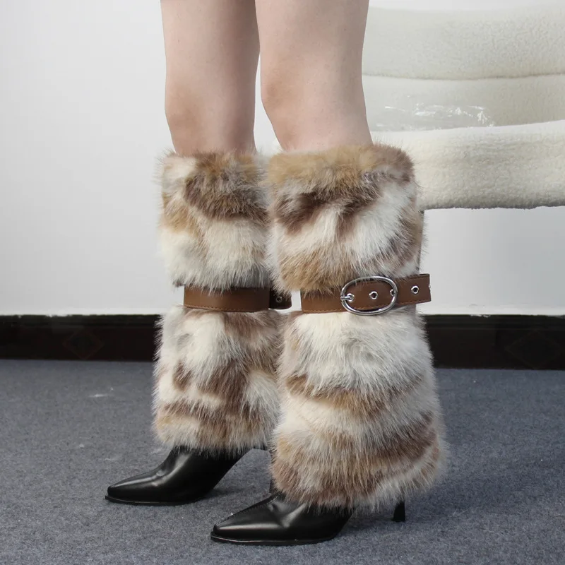 New Luxury Faux Fur Lined High Heeled Boots Women Ultra Warm Winter Fashion Designer Model Daily Party Footwear Botas Feminina
