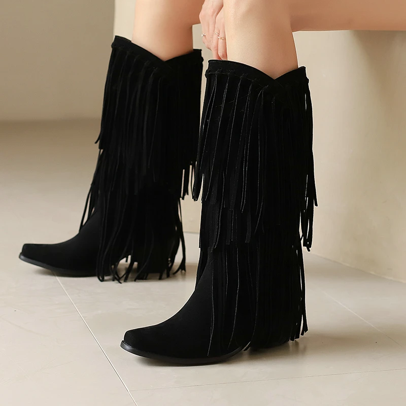 Faux Suede Nude Color Women Shoes Winter Western Cowboy Botas With Fringes Big Size 46 47 48 Knee-high Boho Chunky Heel Boots