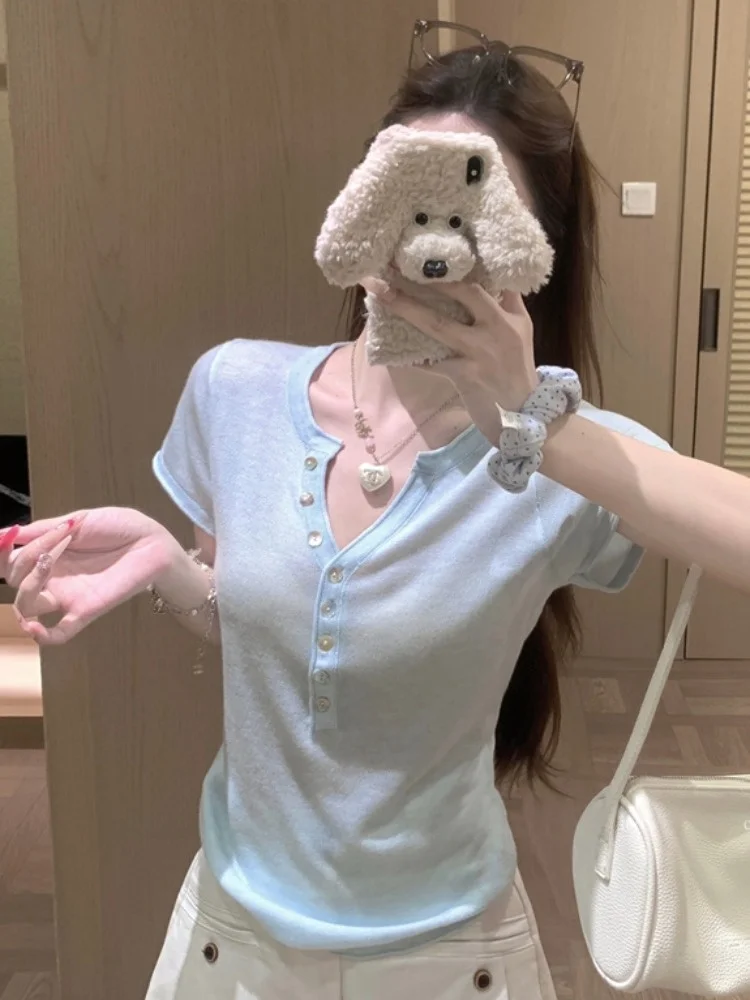 

Slim Fit Half Open Collar Button Short Sleeve T Shirt Women's Summer New Simple Pure Color Commute Base Layer Top