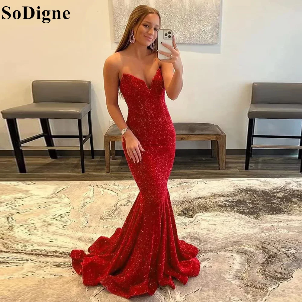 

SoDigne Sequin Elegant Mermaid Prom Dresses Sparkly Long V Neck Bodycon 2024 Backless Formal Evening Party Gown for Women