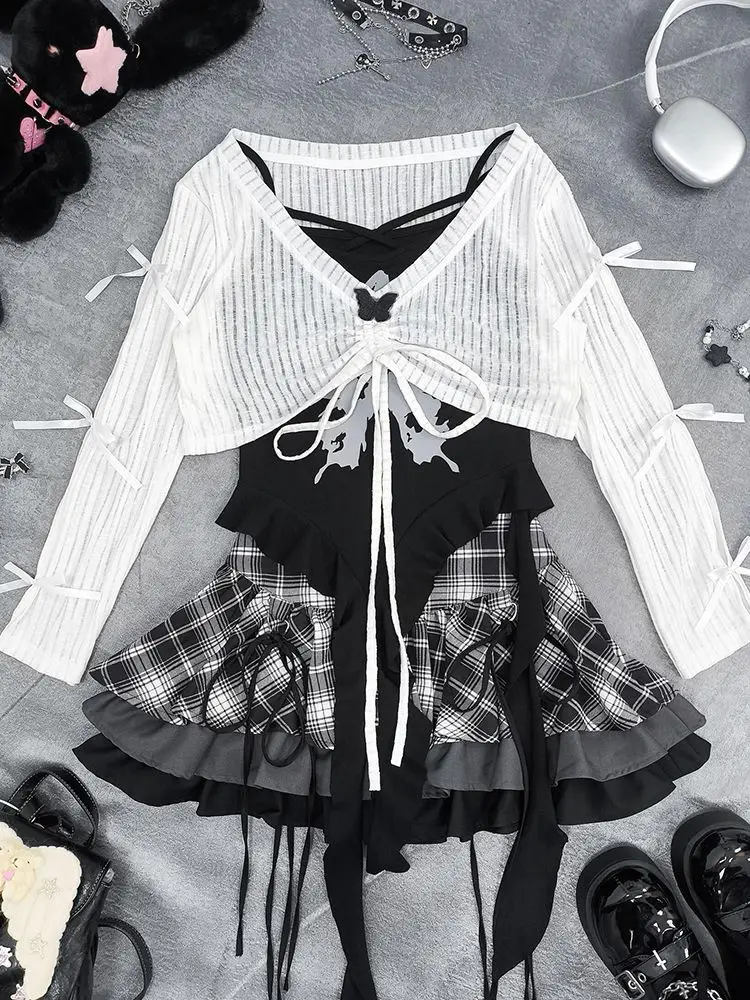 

Japanese Sub-culture Vintage Y2k 3 Piece Set Women Bow Tops + Irregular Vest + Plaid Fluffy Skirt New Sweet Hot Girl Outfit 2025