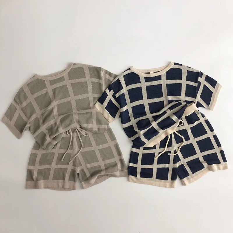 2024 Summer New Children Short Sleeve Knitted Plaid Set Baby Boy Girl T Shirts + Shorts 2pcs Suit Kids Cool Breathable Outfits