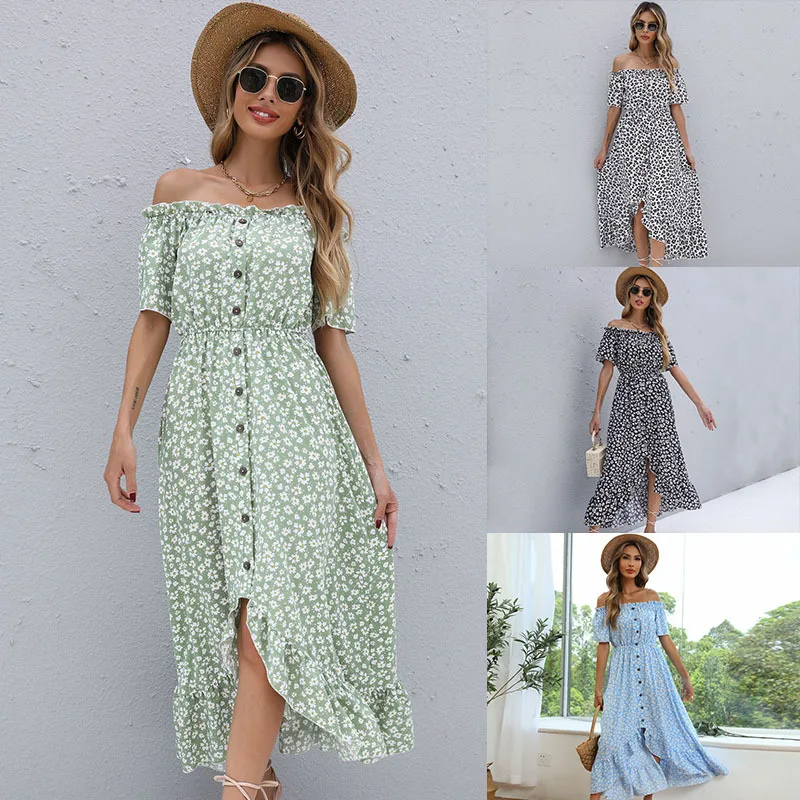 

Women's 2022 Summer New Short Sleeve Floral Skirt Irregular off-Shoulder Dress