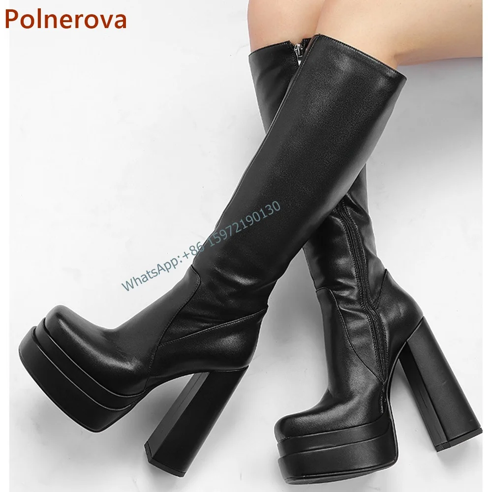 

Solid Sewing Boots Square Toe Chunky Heel Zipper Black White Stiletto Shoes Ladies Sexy Runway Party High Increase Shoes