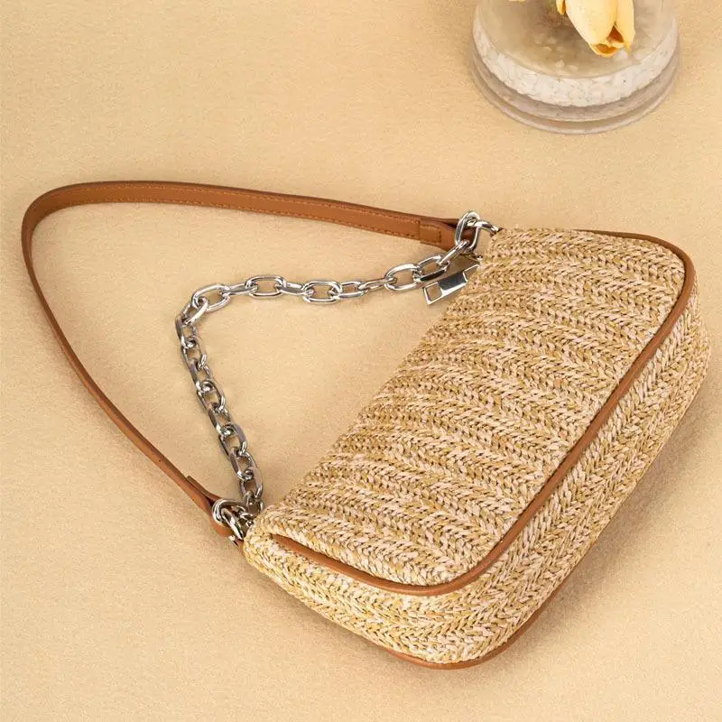 Summer 2024 New Trendy Chain Shoulder Bags Straw Weaving Bag for Women Fashion Handbags Female Vacation Beach Underarm Bags