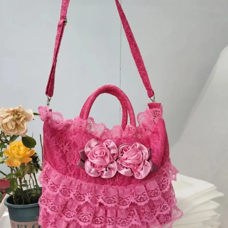 2026 New Retro Lace Flower Decor Tote Bag Women Gothic Ruffle Large Capacity Handbag Ladies Lolita Romantic Shoulder Bag Y2k