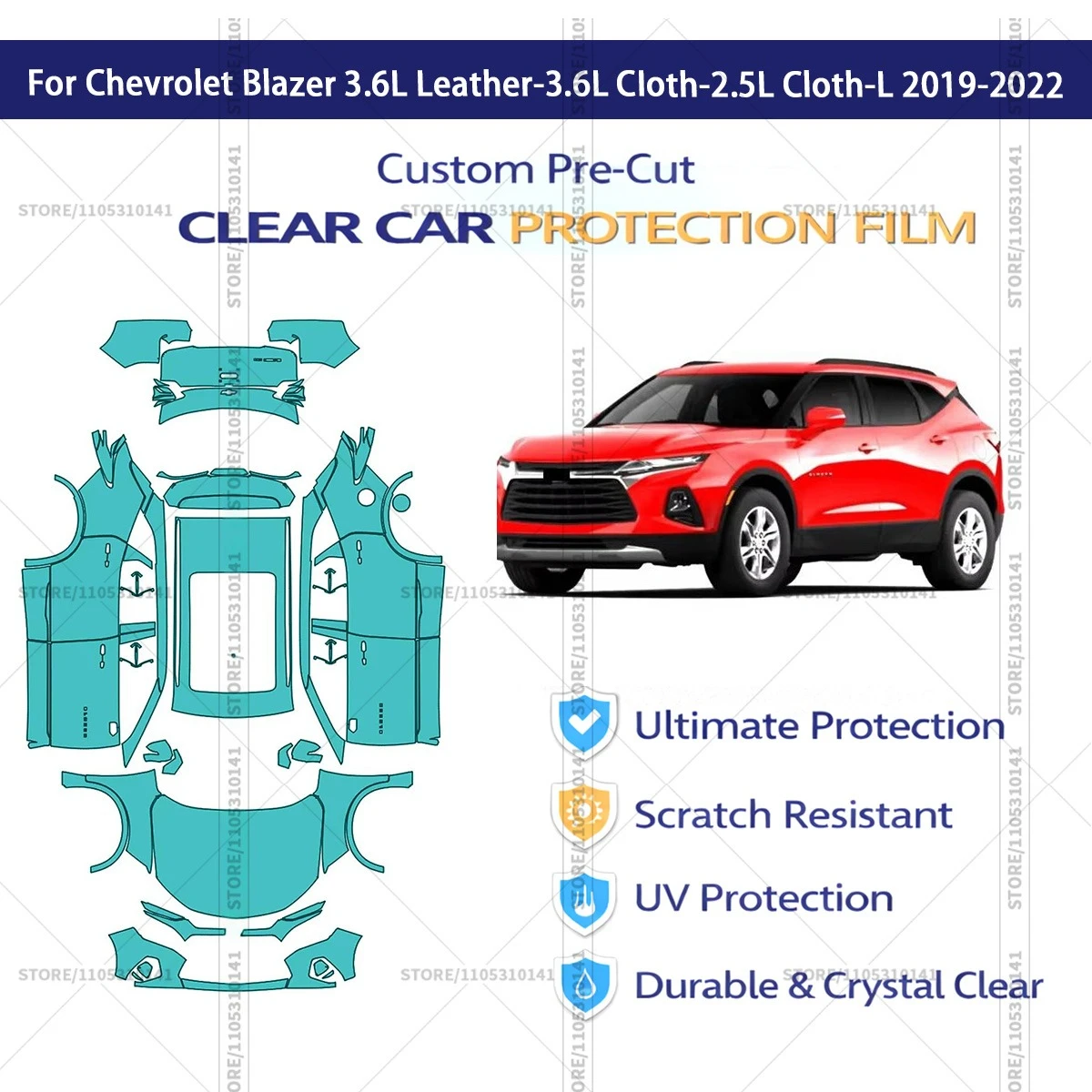 

Предварительно нарезанная защитная пленка PPF для автомобиля, прозрачная пленка PPF для Chevrolet Blazer 3.6L Leather-3.6L CIoth-2.5L Cloth-L 2019-2022