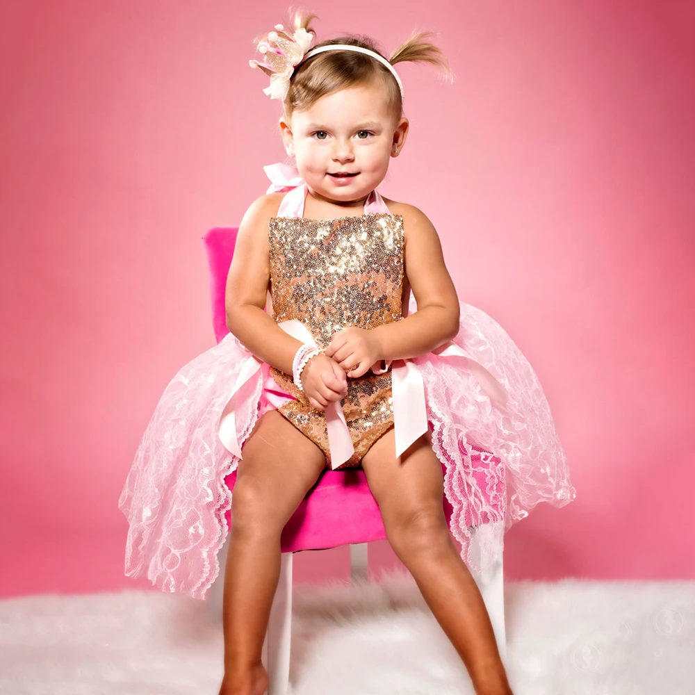 Newborn Baby Girl Sequin Romper Pink Lace Tutu Photography Outfit Infant Birthday Holiday Photo Prop Studio Clothes