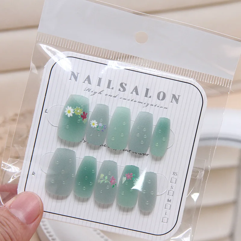 10pcs Women Medium Length Ballerina Nail Medium T Girl\'s Cute Flower Press on Nails False Nails Square Head  Wearable Detachable
