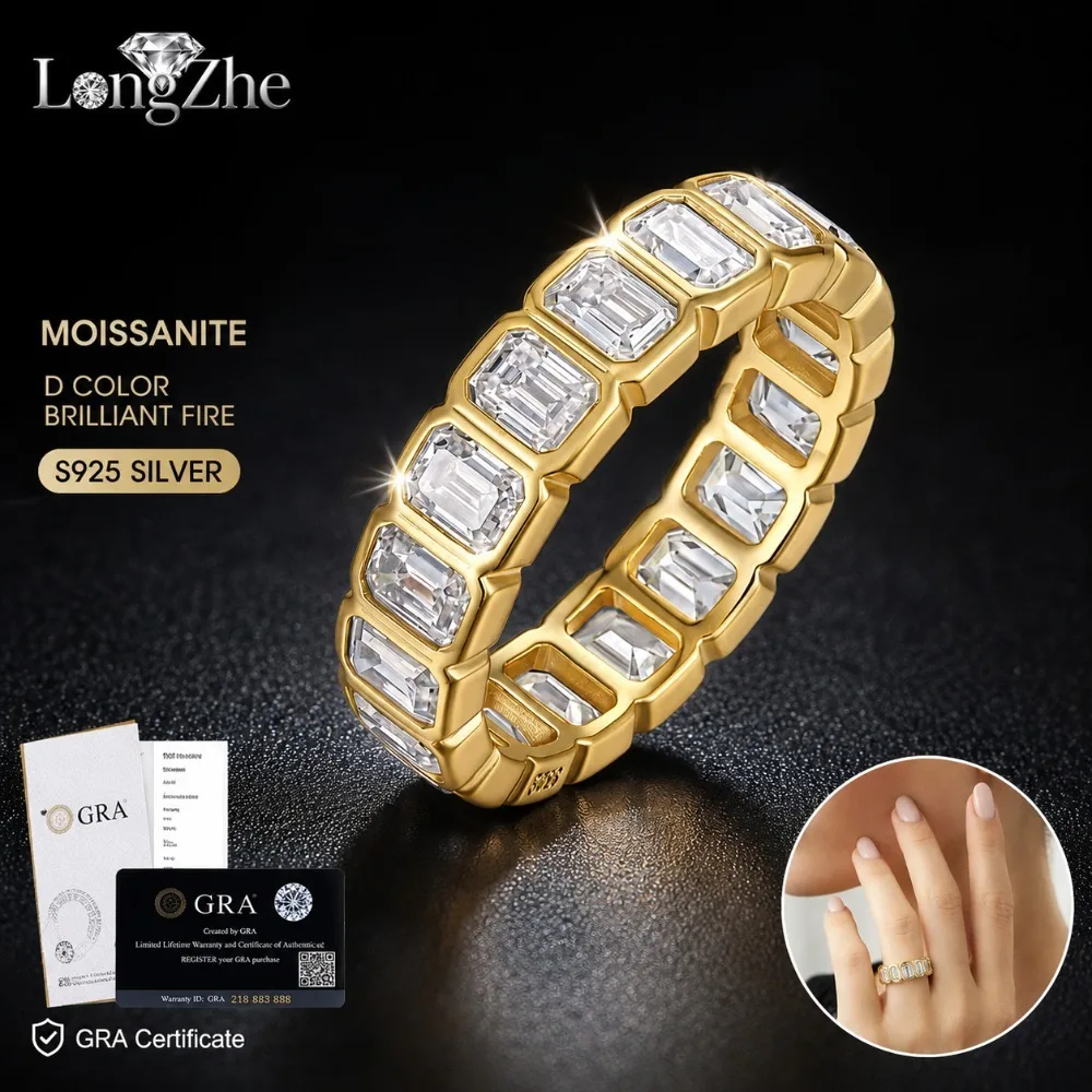 

S925 Silver Moissanite Eternity Ring 3x4mm Emerald Cut 17 Stones Gold Color Band For Women Wedding Anniversary Fine Jewelry Gift
