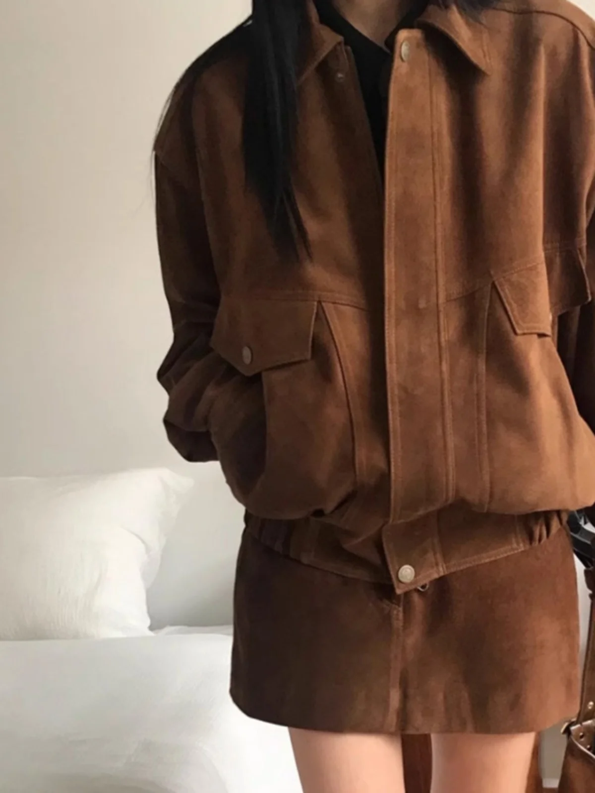 

Chic Autumnal Versatile Loose Long Sleeve Collared Jacket And A-Line Skirt Two-Piece Set Fashionable Retro Style