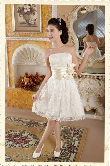 

free shipping 2023 new design chinese style tube lace flower formal gown short design handmade flower married bridesmaid dress