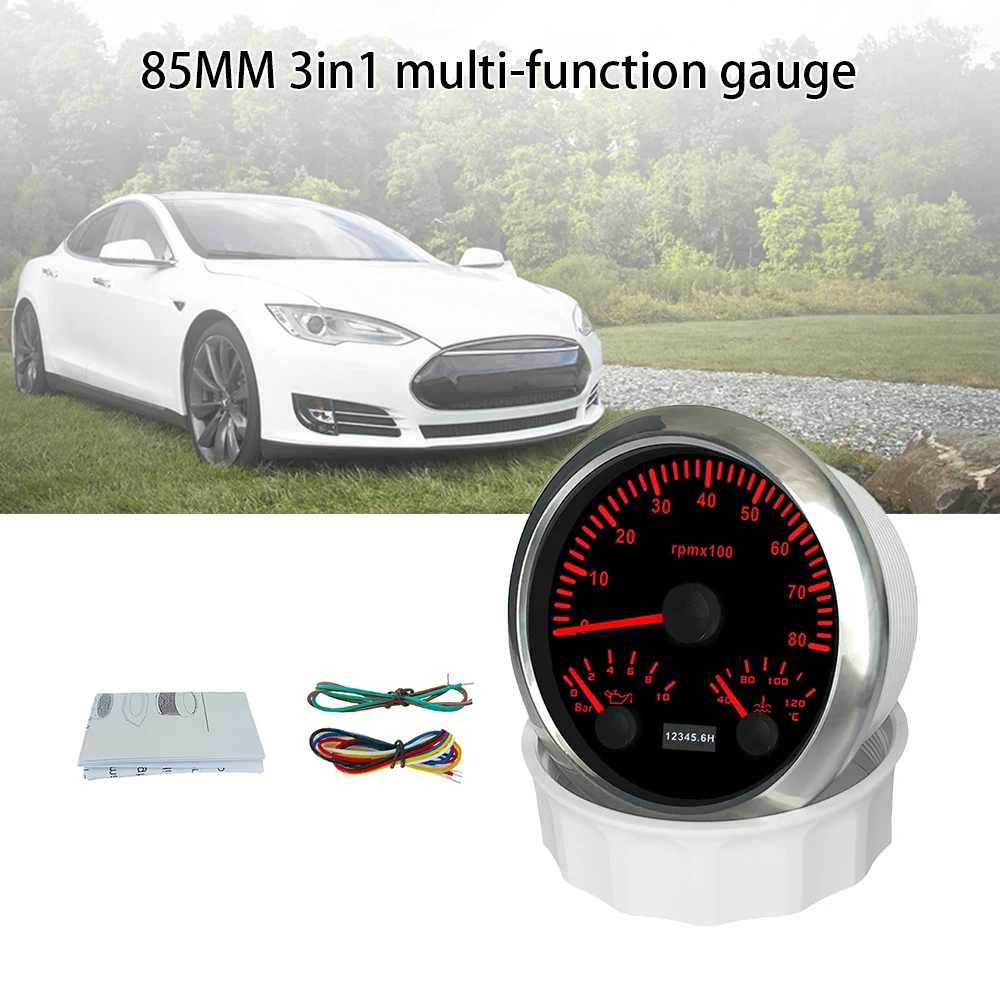 Waterproof 85mm 3 in 1 Multifunctional 3000RPM 0-8000RPM Tachometer with Oil Pressure Water Temp 7 Colors Backlight for Car Boat