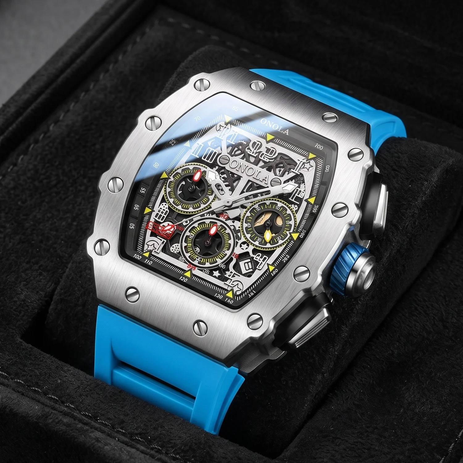 ONOLA Men's Skeleton Mechanical Watch, Multi Sub Multi Dial Multi Function, Hollow Design, Night Light Sports Watch, Men's Gift