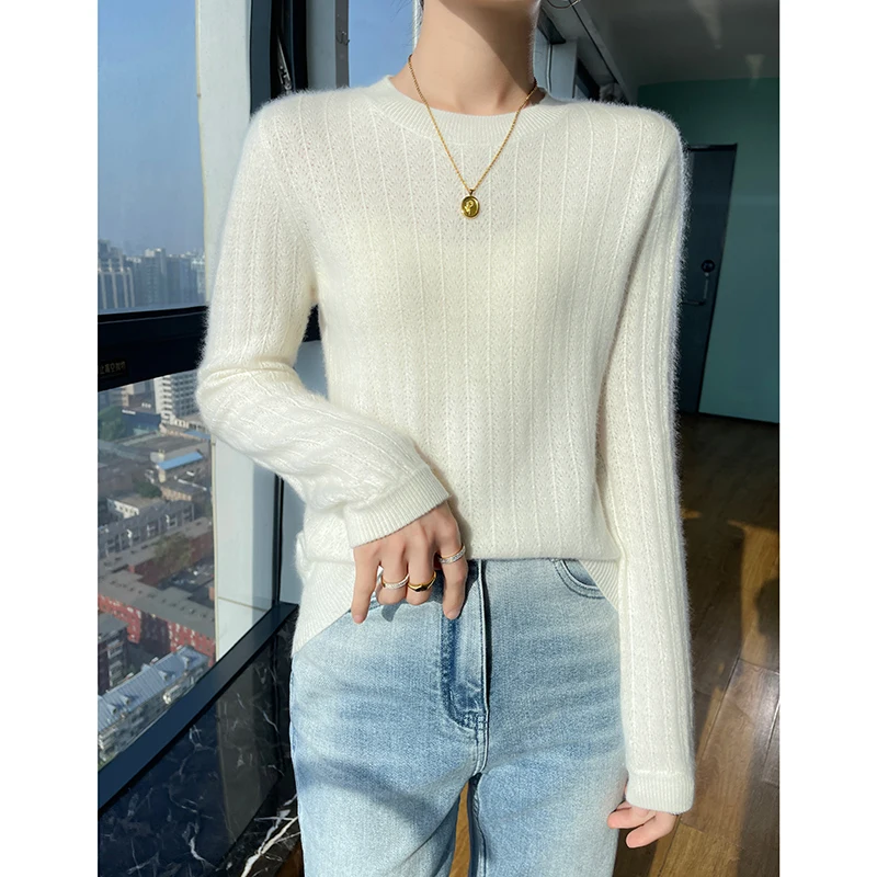 2023 New 100% Wool Ladies Winter Hollow out Sweater Ladies Round Collar Long Sleeve Knitted Women Knit Pullover Women's Sweater