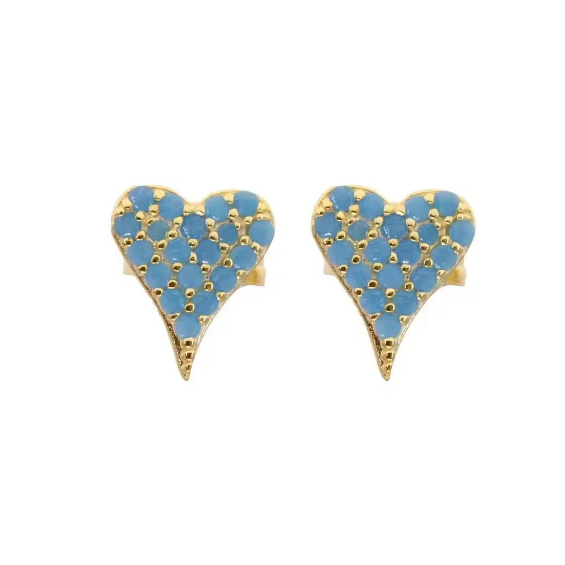 Anting-anting kancing hati kecil wanita, berlapis emas 925 perak murni mikro Pave biru pirus batu