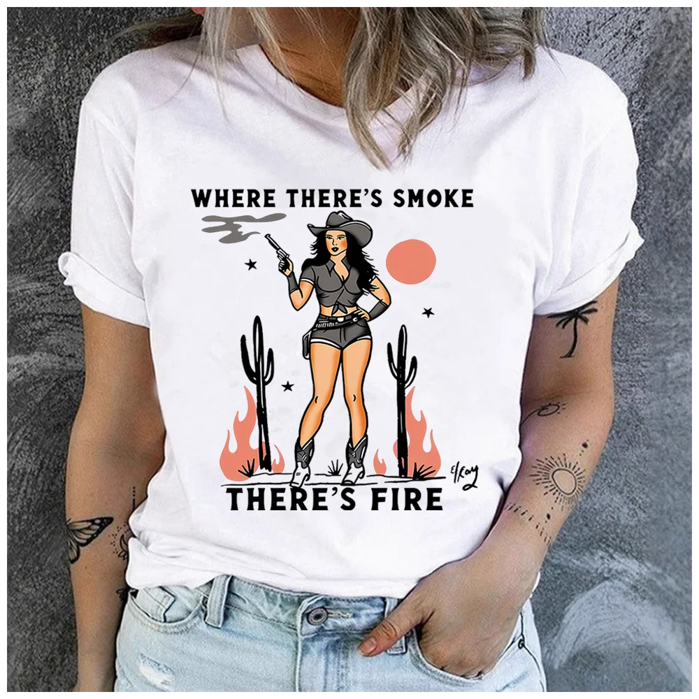 100% Cotton Women Where There's Smoke There's Fire T Shirt Western Cowgirl Cactus Print Casual Crew Neck Short Sleeve Retro Coun