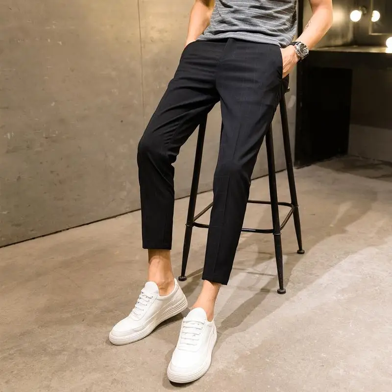 Size 28-34 Men Plaid Ankle-length Pants Casual  Korean Style Straight Slim  Chinos  Trousers No Ironing