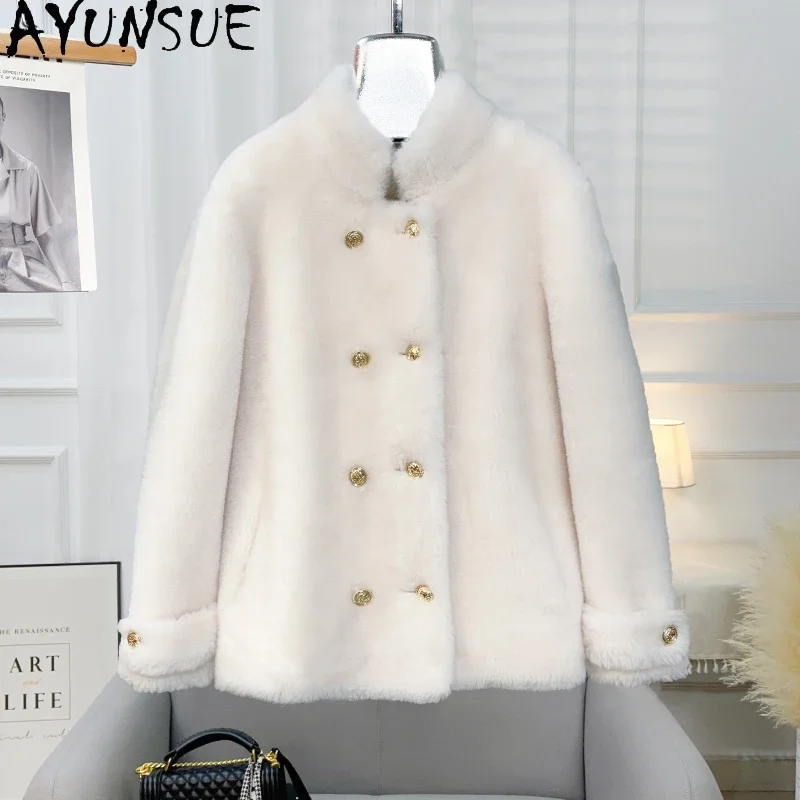 AYUNSUE 100% Wool Coats for Women 2023 Fall Winter Fashion Sheep Shearing Jacket Stand Collar Fur Coats Chaquetas Para Mujeres