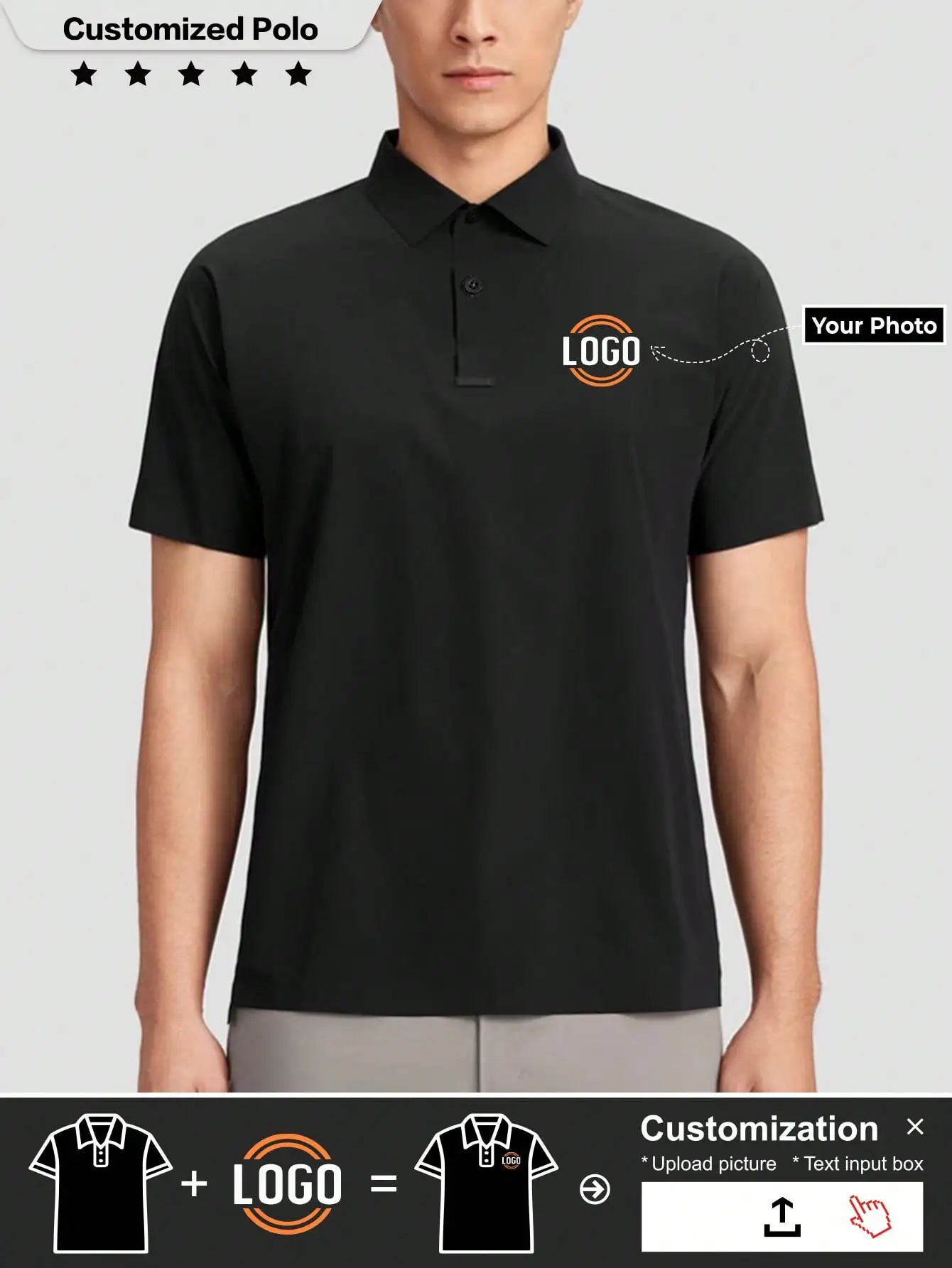 

Customizable Men's Black Polo Shirt with Logo Placement - Casual, Business, Outdoor Wear